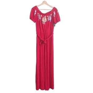 Boston Proper Red Embroidered Jumpsuit